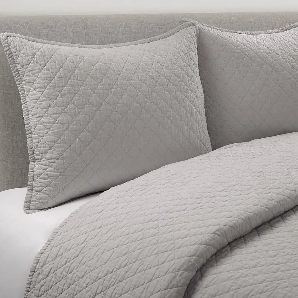 Lush Decor Belgian Flax Prewashed Linen Rich Cotton Blend 3 Pc Quilt Set, Gray